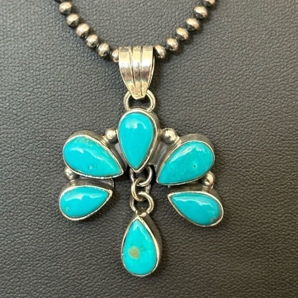 Kingman turquoise dangle Naja southwestern sterling silver pendant - Picture 2 of 5